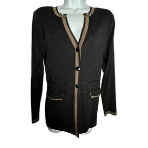 Exclusively Misook Womens black cardigan sweater jacket size small brown trim